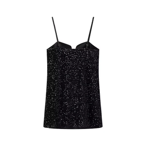 Elegant black sequin embroidery camisole dress for women featuring a minimalist V-neck design