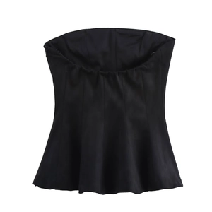Women's black strapless peplum top with corset vertical stitching and flared hem style