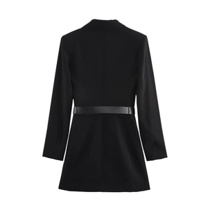 Back view of elegant black long-sleeve blazer dress with waist-defining belt for women