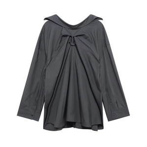 Detailed flat lay of dark gray oversized shirt featuring pleated back and deconstructed collar