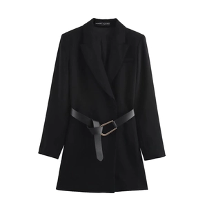 Elegant black mini blazer dress with adjustable waist belt and gold buckle for women