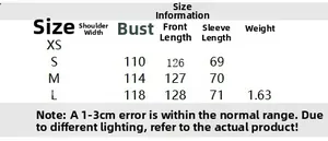 Size chart for women's double-breasted wool coat with detailed measurements in centimeters