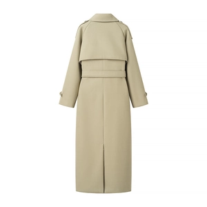 Back view of a khaki long wool coat with large lapels, wind shield, and waist belt