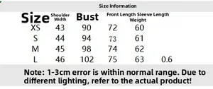 Detailed size chart for women's wrap suit jacket including shoulder and bust measurements
