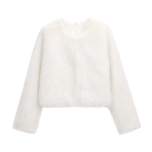 Chaqueta corta de piel sintética blanca para mujer con textura suave y esponjosa