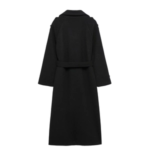 Back view of a long black wool blend trench coat with a waist belt and epaulettes