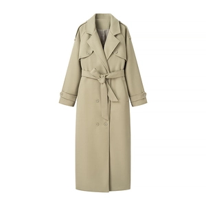 Women's classic double-breasted long wool coat with lapel collar and adjustable waist belt