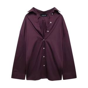 Detailed view of the dark purple long-sleeved shirt with white buttons and brand neck label