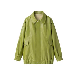 Women's Avocado Green PU Leather Jacket Vintage Lapel Single Breasted Loose Moto Coat With Pockets Elastic Hem Streetwear