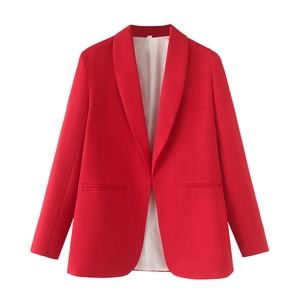 Women's chic red shawl lapel blazer jacket with front pockets in a slim professional fit