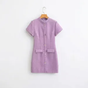 Robe Mini en Tweed Lavande Élégante pour Femme Manches Courtes Taille Haute Col Rond Slim Ligne H Violette Bureau Fête