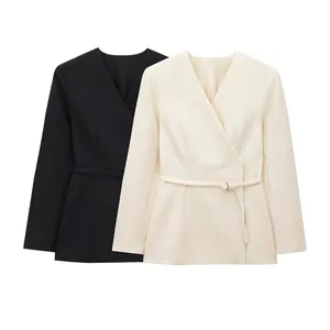 Women Elegant Solid Color Wrap Blazer Jacket With Belt Long Sleeve V Neck Surplice Professional Office Wear Suit Coat