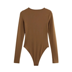 Rear view of sleek brown long-sleeve bodysuit featuring a slimming fit and crew neckline
