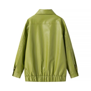 Back view of a street style grass green faux leather jacket with elastic waist and lapel