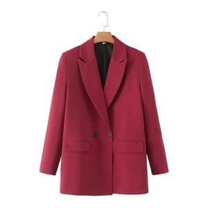 Women's burgundy double-breasted blazer with notch lapels and flap pockets in street fashion style