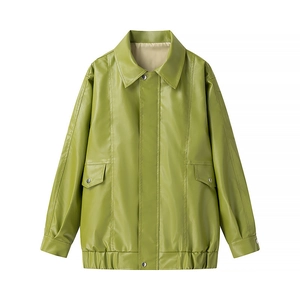 Women's green faux leather fashion jacket with lapel collar and metal button detail