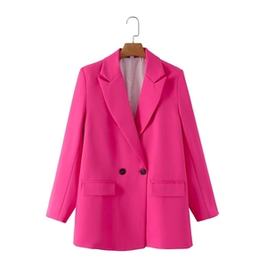 Women's rose pink double-breasted blazer coat with notched lapels and flap pockets