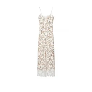 Abito Cami in Pizzo Floreale Elegante da Donna Sexy Senza Maniche Allacciato Dietro Spacco Abito Midi Aderente Festa Sera
