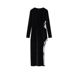 Robe Longue Sexy en Velours à Manches Longues pour Femmes Coupe Ajustée Fente Latérale Paillettes Robe de Soirée Élégante