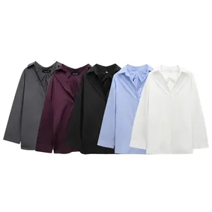 Women Casual Loose Solid Color Long Sleeve Shirt Pleated Back Lapel Button Down Blouse Elegant Office Commuting Top