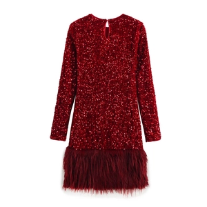 Close-up of red sequined dress with round neck and luxury faux feather trim details