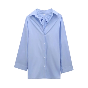 Women's light blue long sleeve button-up shirt with classic collar and relaxed fit