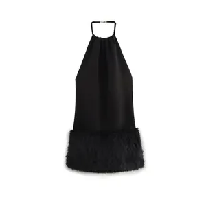 Eleganter Neckholder Rückenfrei Minikleid Mit Metallschnalle Und Schwarz Kunstpelz Saum Für Damen Party Abend Spliced Kleid