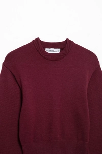 Close-up detail of the ribbed crew neck and brand label on a dark red knit sweater