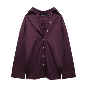 Deep burgundy long sleeve button-down shirt with pleated back and oversized fit