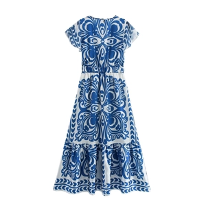 Summer V-neck blue and white floral print midi dress with elastic waist and ruffled hem