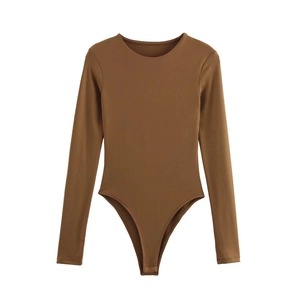 Slim fit brown long sleeve bodysuit with crew neck for women in high-quality fabric