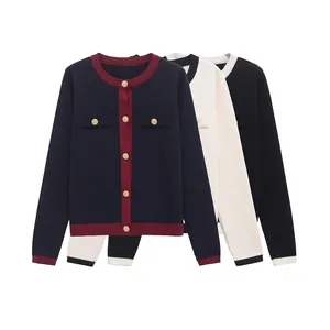 Donna Elegante Cardigan in Maglia con Bordi a Contrasto Girocollo Manica Lunga Bottoni Oro Casual Pendolare Vintage Maglieria Giacca Top