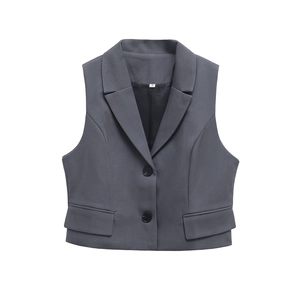 Short dark grey sleeveless suit vest with notch lapels and decorative flap pockets