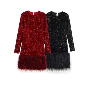 Women Sequin Long Sleeve Round Neck Dress Faux Fur Feather Patchwork Mini Party Dress Elegant Sparkly Christmas Outfit