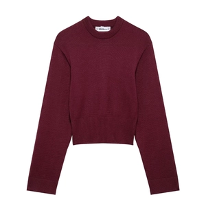 Classic burgundy crewneck knitted sweater with wide ribbed cuffs and hem, flat lay view