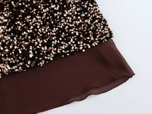 Detail of golden sequins stitched on dark fabric with sheer brown chiffon hemline