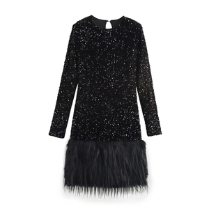 Elegant black long sleeve mini dress with sparkling sequins and feather trim at the hem