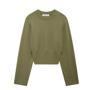 Women's crewneck long sleeve knit sweater in olive green with ribbed cuffs and hem