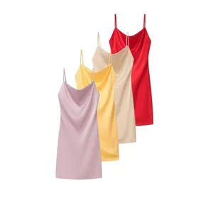 Abito da Donna Sexy in Raso Scollo a Cappuccio Spalline Sottili Vita Alta a Trapezio Mini Elegante Vestito da Festa per Donna