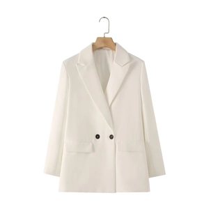 Women's white double-breasted slim fit blazer jacket with professional notched lapels