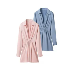 Women Elegant Deep V-Neck Satin Long Sleeve Mini Dress High Waist Pleated A-Line Solid Color Fashion Party Dress
