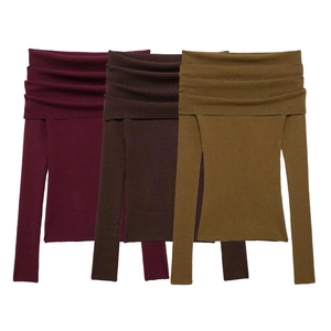 Detail of ribbed knit off-shoulder tops in burgundy, dark brown and olive green colors