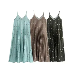 Robe à Pois Pour Femmes Plissée à Bretelles Col en V Sans Manches Coupe Trapèze Décontractée Taille Haute Maxi Robe d'Été
