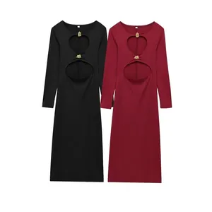 Robe Maxi Sexy Femme Ajourée à Manches Longues Coupe Slim Couleur Unie Col Rond Avec Boucle en Métal Robe de Soirée Élégante