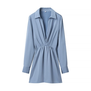 Elegant light blue long sleeve V-neck dress with pleated waist and satin finish