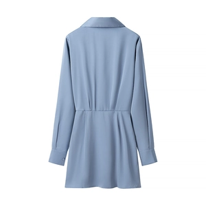 Elegant misty blue V-neck long sleeve dress with pleated back detail and silky finish
