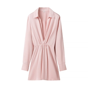 Elegant pale pink V-neck long sleeve satin dress with waist pleats and smooth drape
