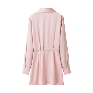 Pink satin long sleeve shirt dress with elegant pleated waist detail on back view