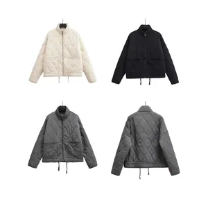 Veste Matelassée Décontractée pour Femme Streetwear Col Montant Fermeture Éclair Manteau Large avec Ourlet à Cordon Automne Hiver