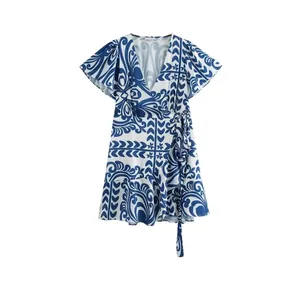 Abito Mini a Portafoglio da Donna Estate Casual Stampa Floreale Blu e Bianco Scollo a V Manica Corta Volant Vita Alta Vacanza ad A